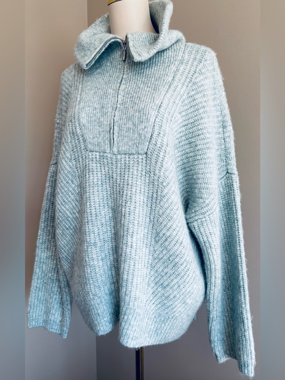 Abercrombie & Fitch Shaker Knit Quarter Zip in Aqua Marl.